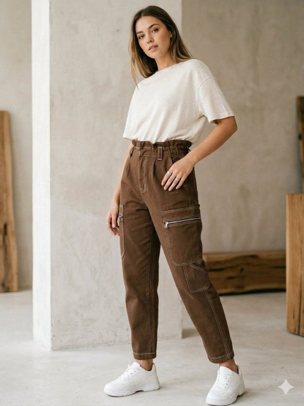Bershka Utility Pants, Brown, Size 6US, 38EU